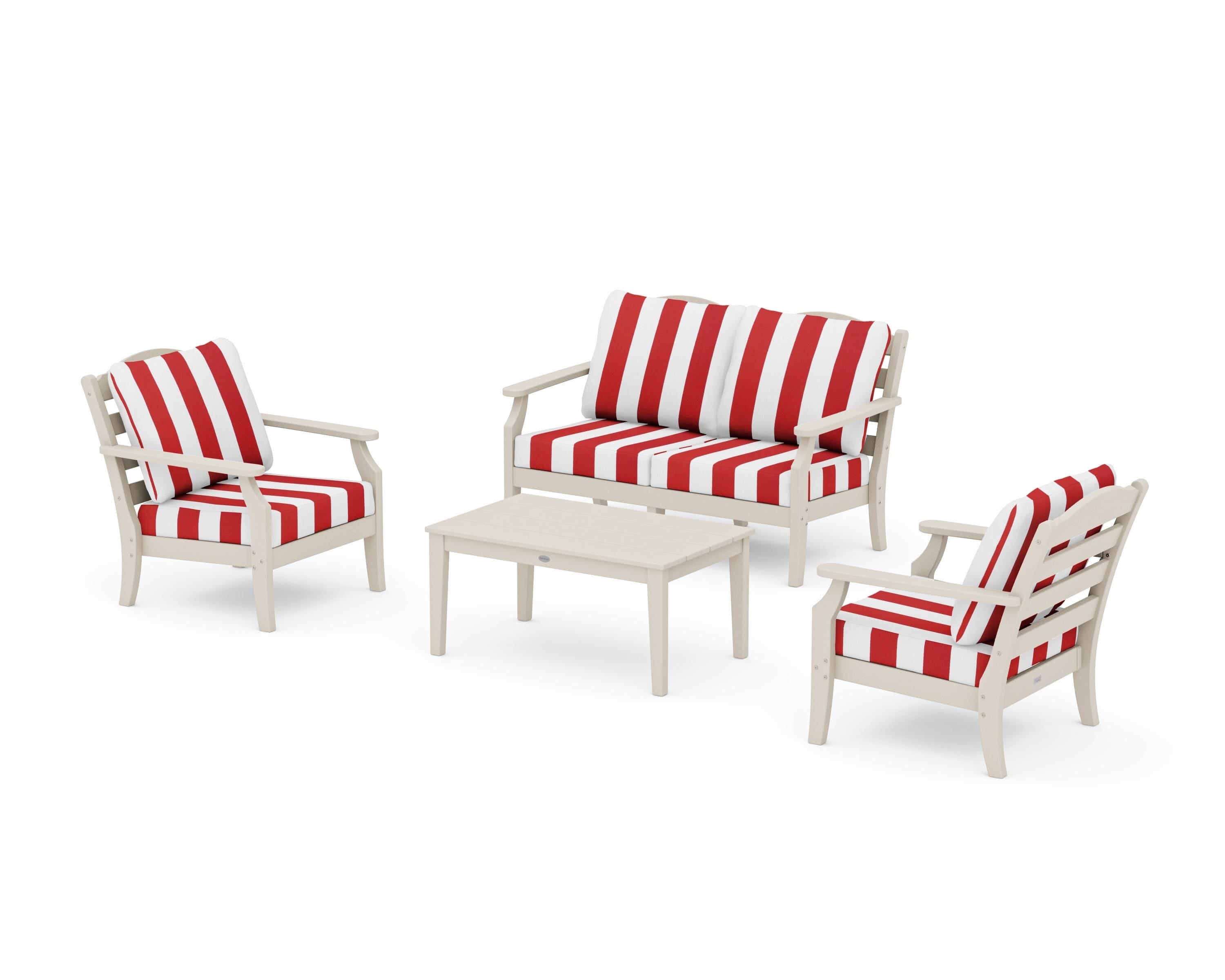 Draper James™ by  POLYWOOD® Savannah 4-Piece Deep Seating Set with Loveseat in Sand / Cabana Stripe Crimson