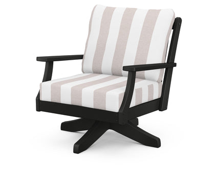 POLYWOOD® Braxton Deep Seating Swivel Chair in Black / Cabana Stripe Dune Burlap