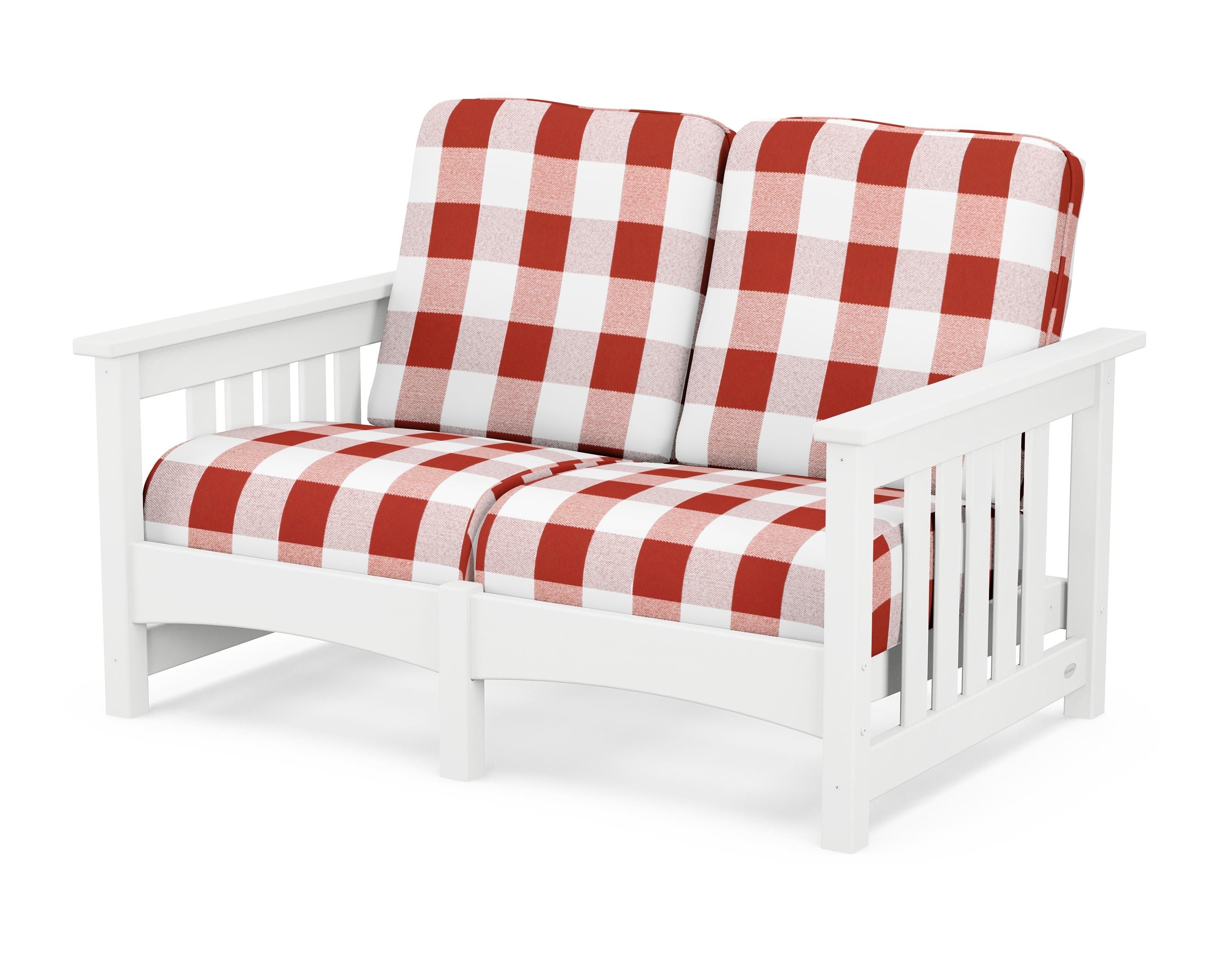 POLYWOOD® Club Mission Loveseat in White / Buffalo Plaid Crimson