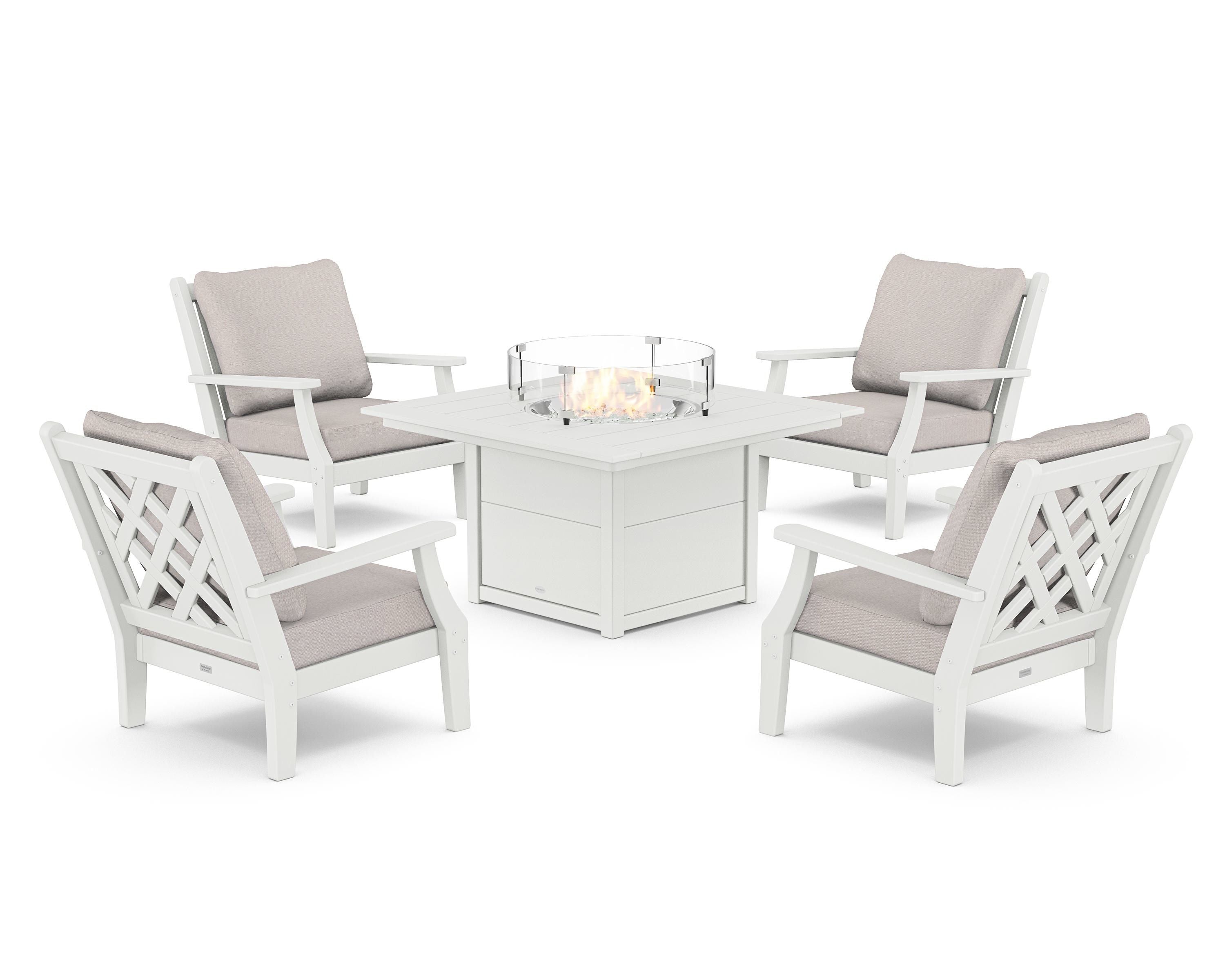Country Living Wovendale 5-Piece Deep Seating Set with Fire Pit Table in White / Dune Burlap