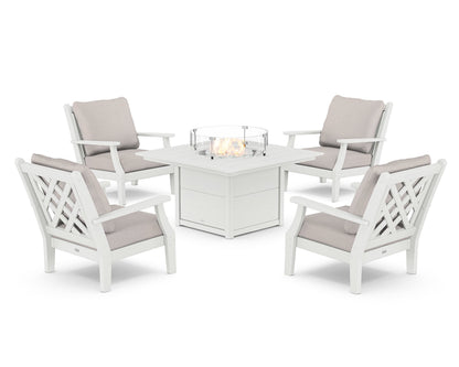 Country Living Wovendale 5-Piece Deep Seating Set with Fire Pit Table in White / Dune Burlap