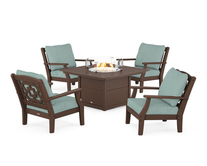 Martha Stewart by POLYWOOD® Chinoiserie 5-Piece Deep Seating Set with Fire Pit Table in Mahogany / Glacier Spa