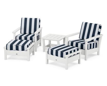 POLYWOOD® Harbour 5-Piece Deep Seating Chair Set in White / Cabana Stripe Marine Indigo