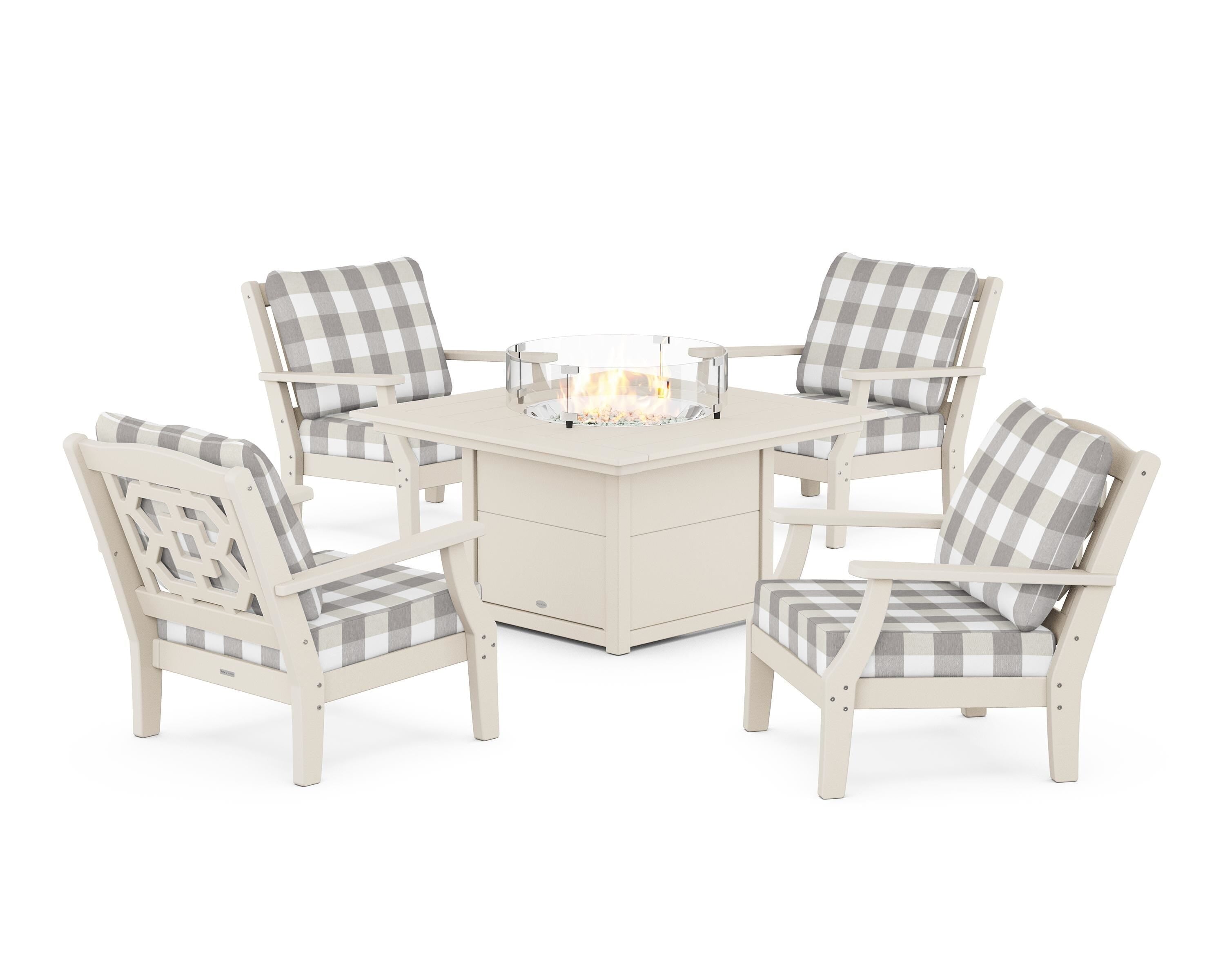 Martha Stewart by POLYWOOD® Chinoiserie 5-Piece Deep Seating Set with Fire Pit Table in Sand / Buffalo Plaid Grey Mist