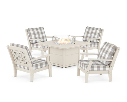 Martha Stewart by POLYWOOD® Chinoiserie 5-Piece Deep Seating Set with Fire Pit Table in Sand / Buffalo Plaid Grey Mist
