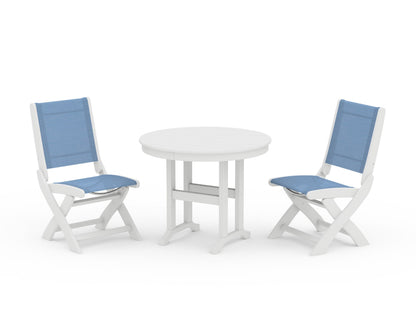 POLYWOOD® Coastal Folding Side Chair 3-Piece Round Dining Set in White / Poolside Sling
