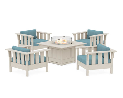 Martha Stewart by POLYWOOD® Acadia 5-Piece Deep Seating Set with Fire Pit Table in Sand / Lattice Sky Blue