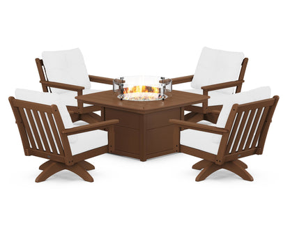 POLYWOOD® Vineyard 5-Piece Deep Seating Swivel Conversation Set with Fire Pit Table in Teak / Natural
