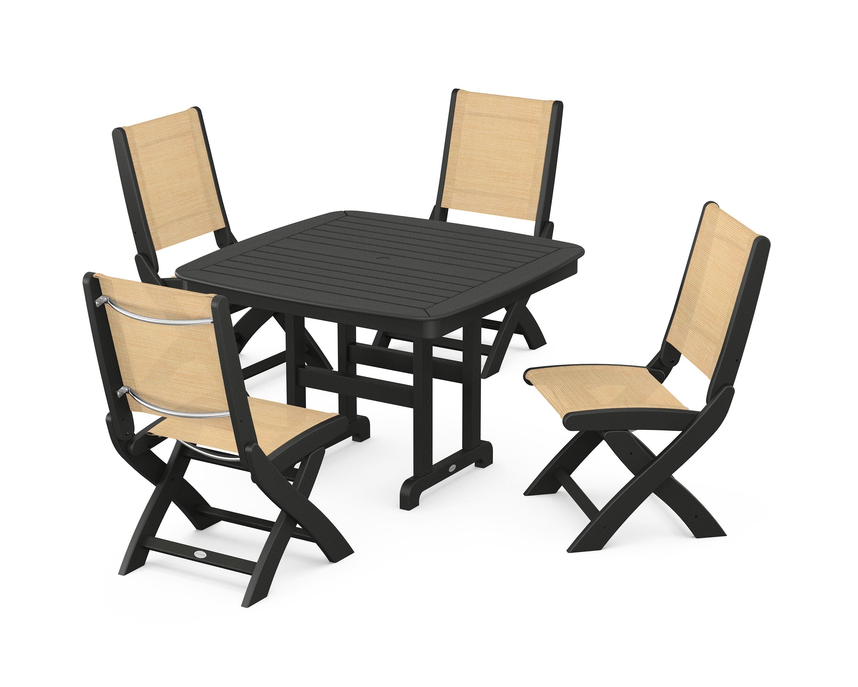 POLYWOOD® Coastal Folding Side Chair 5-Piece Dining Set in Black / Dupioni Apricot Sling
