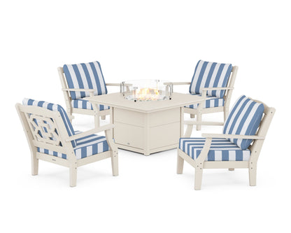 Martha Stewart by POLYWOOD® Chinoiserie 5-Piece Deep Seating Set with Fire Pit Table in Sand / Cabana Stripe Sky Blue