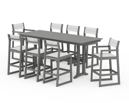 POLYWOOD® EDGE Sling 9-Piece Farmhouse Bar Set with Trestle Legs in Slate Grey / White Sling