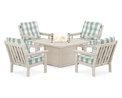 POLYWOOD® Vineyard 5-Piece Conversation Set with Fire Pit Table in Sand / Buffalo Plaid Glacier Spa