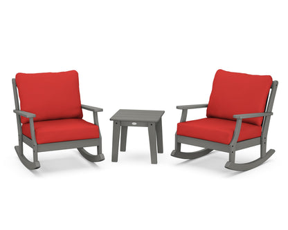 POLYWOOD® Braxton 3-Piece Deep Seating Rocker Set in Slate Grey / Crimson Linen