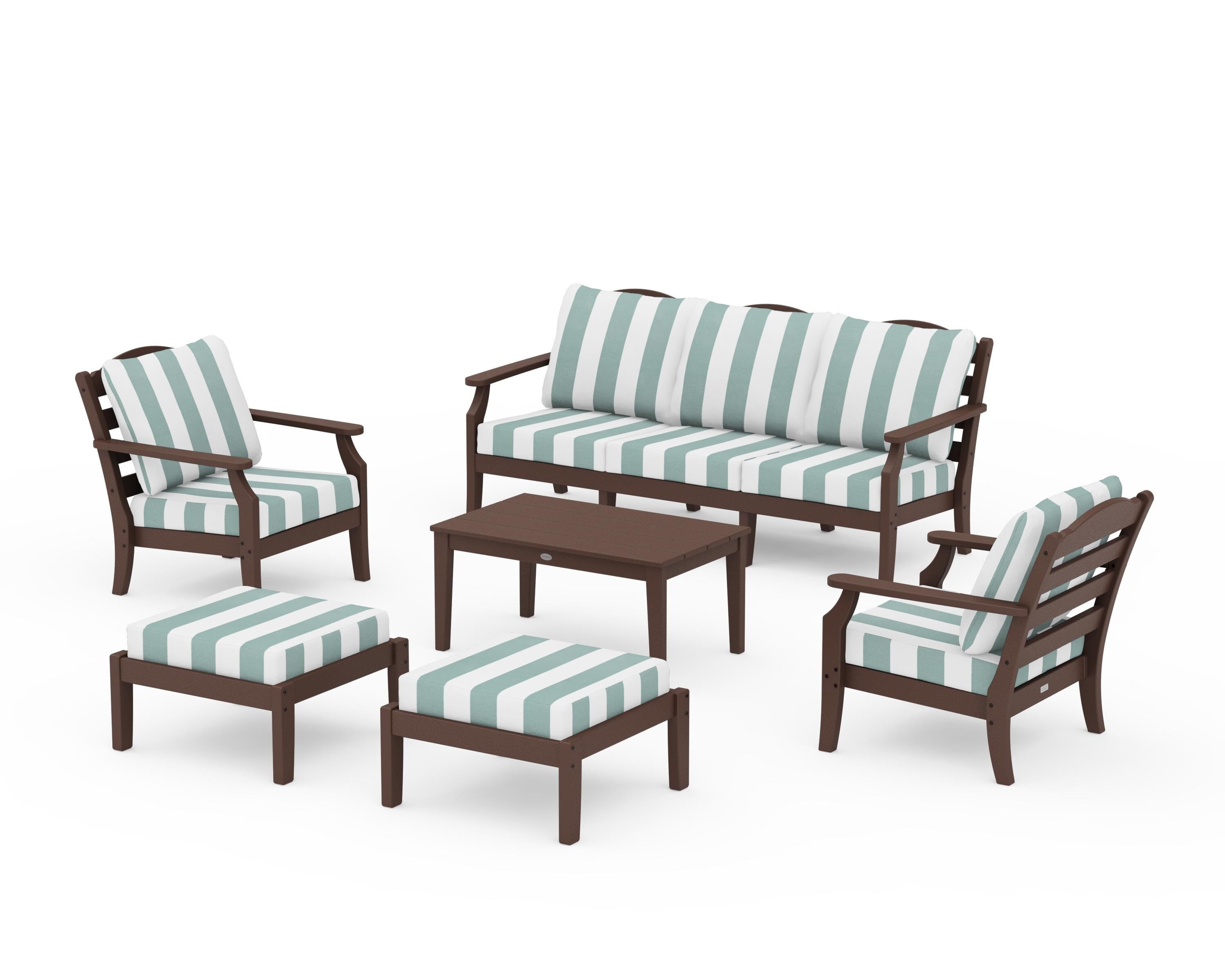 Draper James™ by  POLYWOOD® Savannah 6-Piece Lounge Sofa Set in Mahogany / Cabana Stripe Glacier Spa