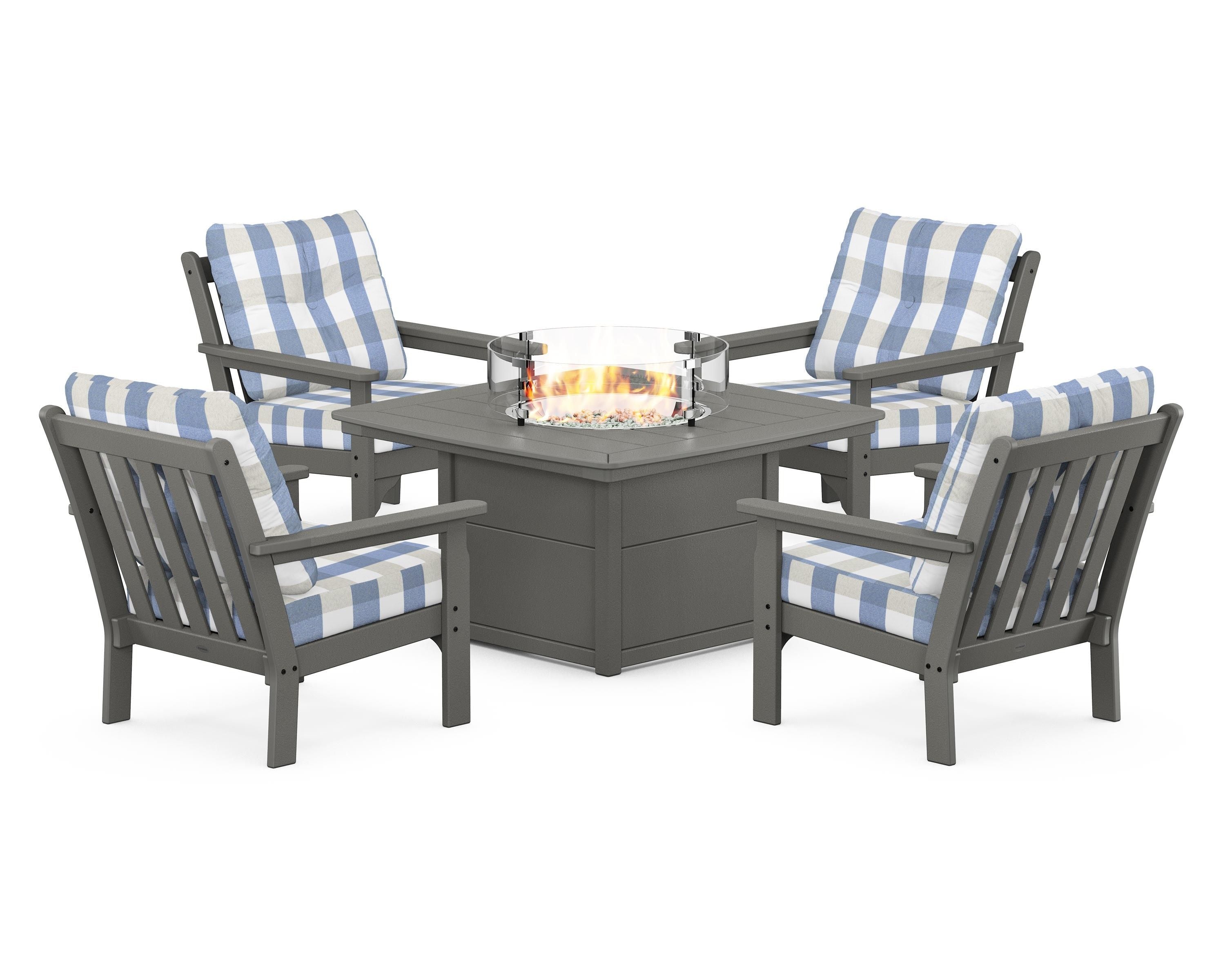 POLYWOOD® Vineyard 5-Piece Conversation Set with Fire Pit Table in Slate Grey / Buffalo Plaid Sky Blue