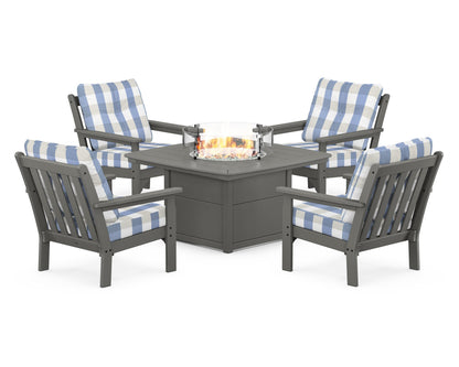POLYWOOD® Vineyard 5-Piece Conversation Set with Fire Pit Table in Slate Grey / Buffalo Plaid Sky Blue