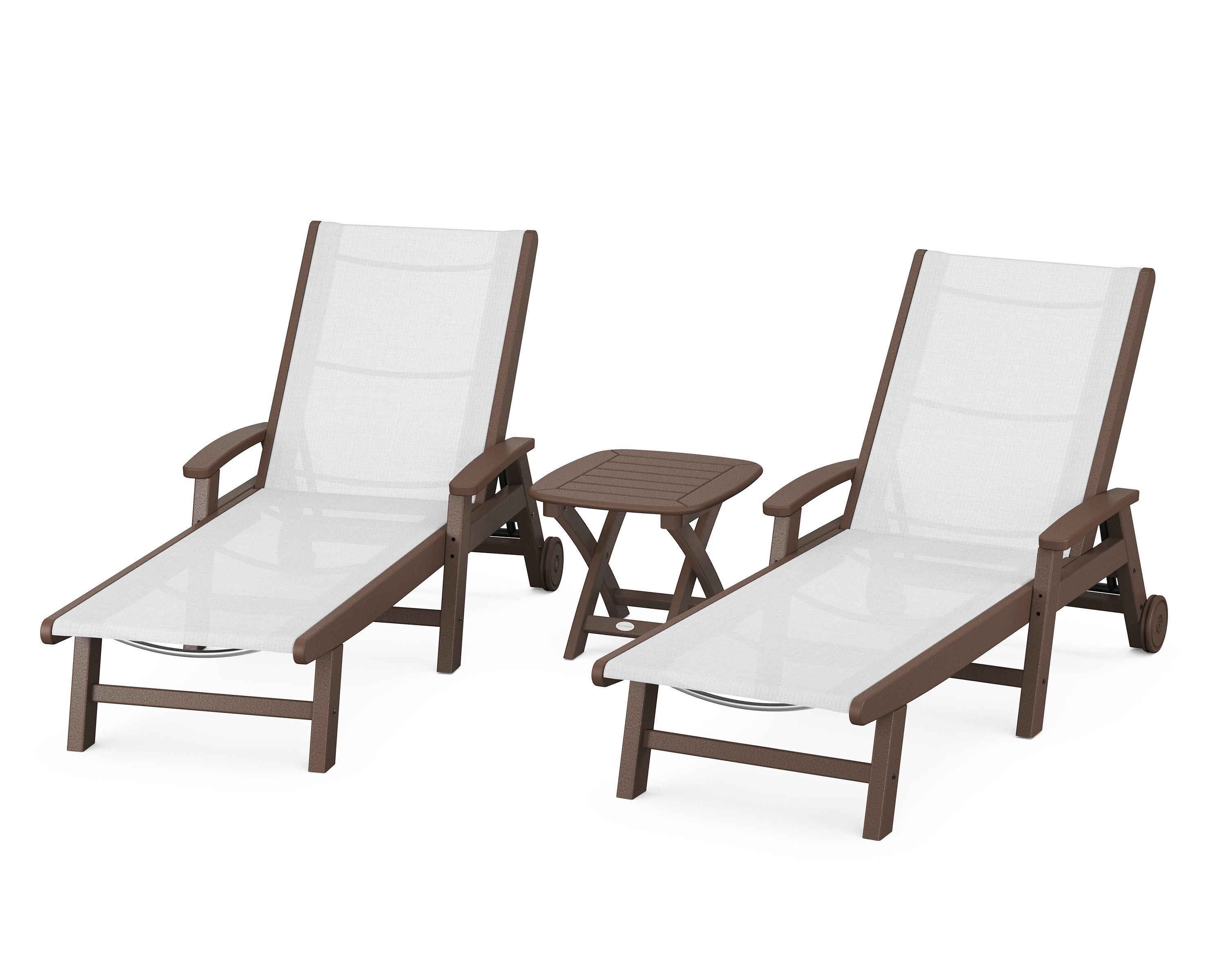 POLYWOOD® Coastal 3-Piece Wheeled Chaise Set in Mahogany / White Sling