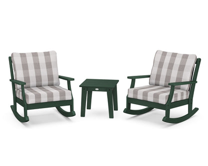 POLYWOOD® Braxton 3-Piece Deep Seating Rocker Set in Green / Buffalo Plaid Grey Mist