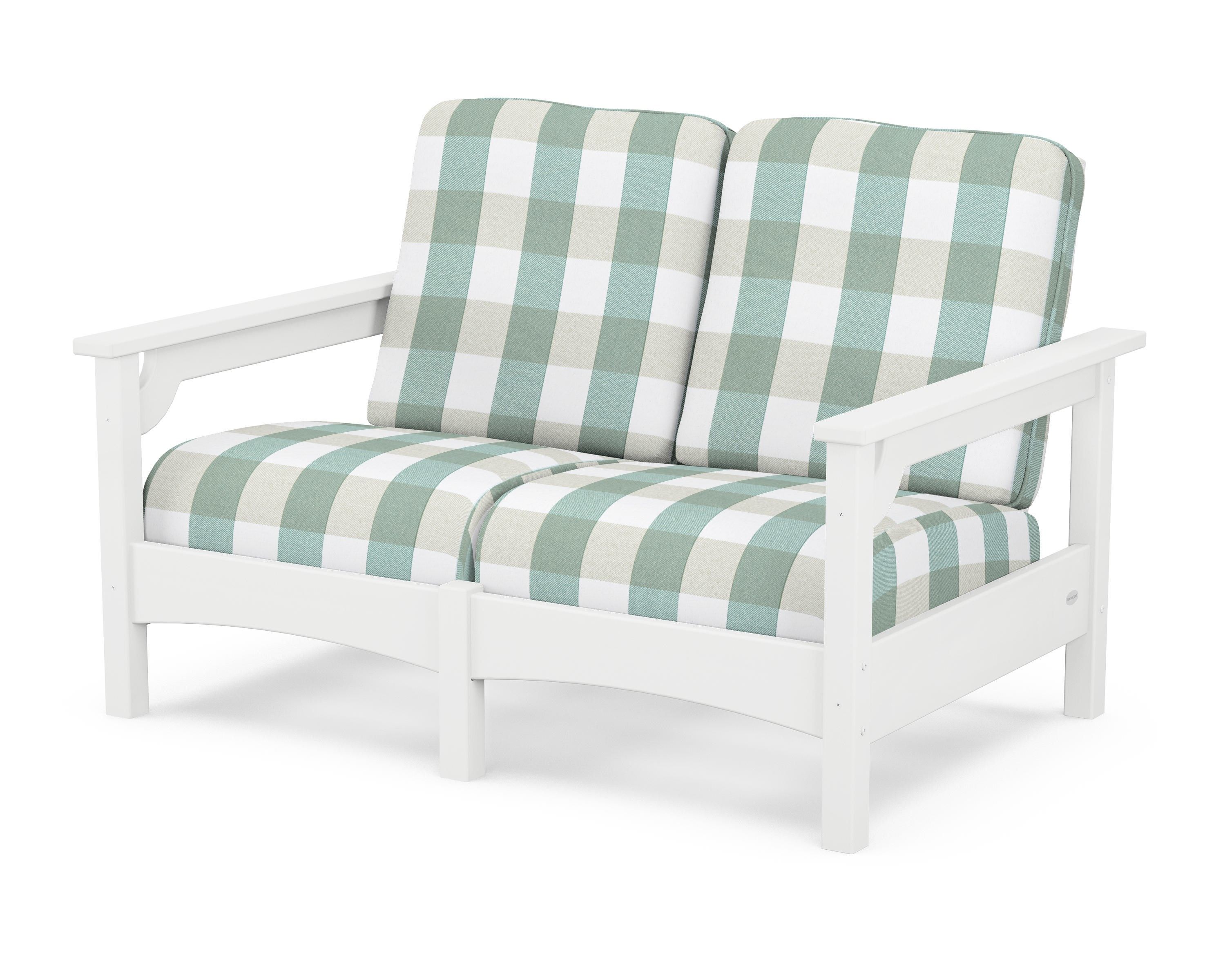 POLYWOOD® Club Loveseat in White / Buffalo Plaid Glacier Spa