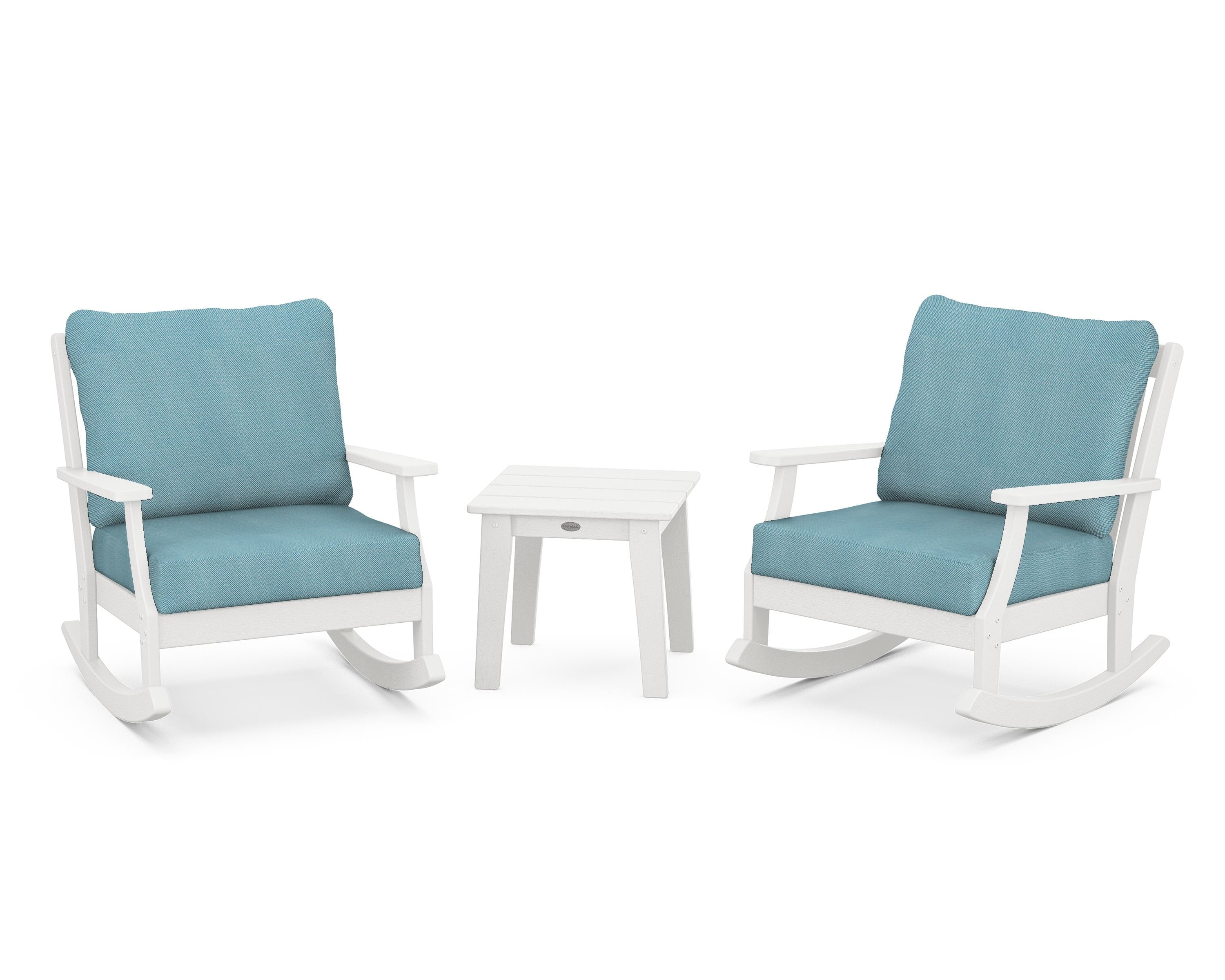 POLYWOOD® Braxton 3-Piece Deep Seating Rocker Set in Vintage White / Lattice Sky Blue