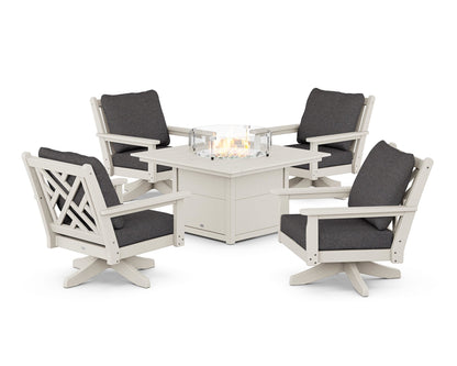 POLYWOOD® Chippendale 5-Piece Deep Seating Swivel Conversation Set with Fire Pit Table in Sand / Ash Charcoal