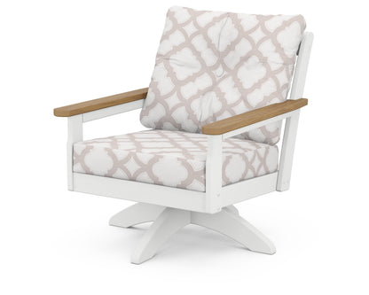 POLYWOOD® Vineyard Deep Seating Swivel Chair in White / Natural / Trellis Dune Burlap