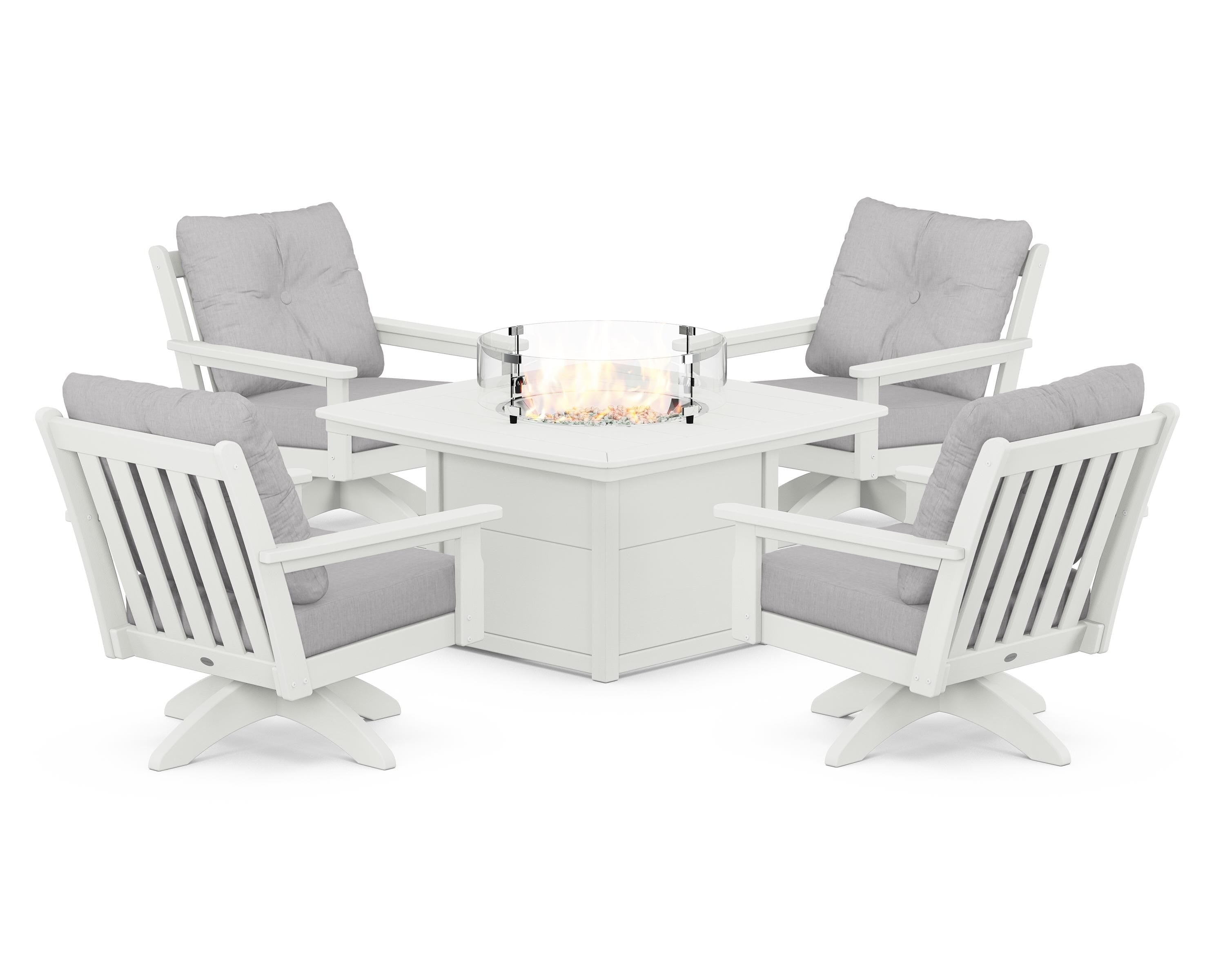 POLYWOOD® Vineyard 5-Piece Deep Seating Swivel Conversation Set with Fire Pit Table in Vintage White / Granite