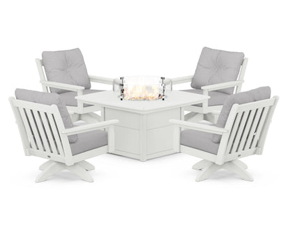 POLYWOOD® Vineyard 5-Piece Deep Seating Swivel Conversation Set with Fire Pit Table in Vintage White / Granite