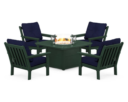 POLYWOOD® Vineyard 5-Piece Conversation Set with Fire Pit Table in Green / Navy