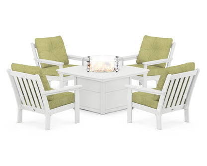 POLYWOOD® Vineyard 5-Piece Conversation Set with Fire Pit Table in White / Chartreuse Boucle
