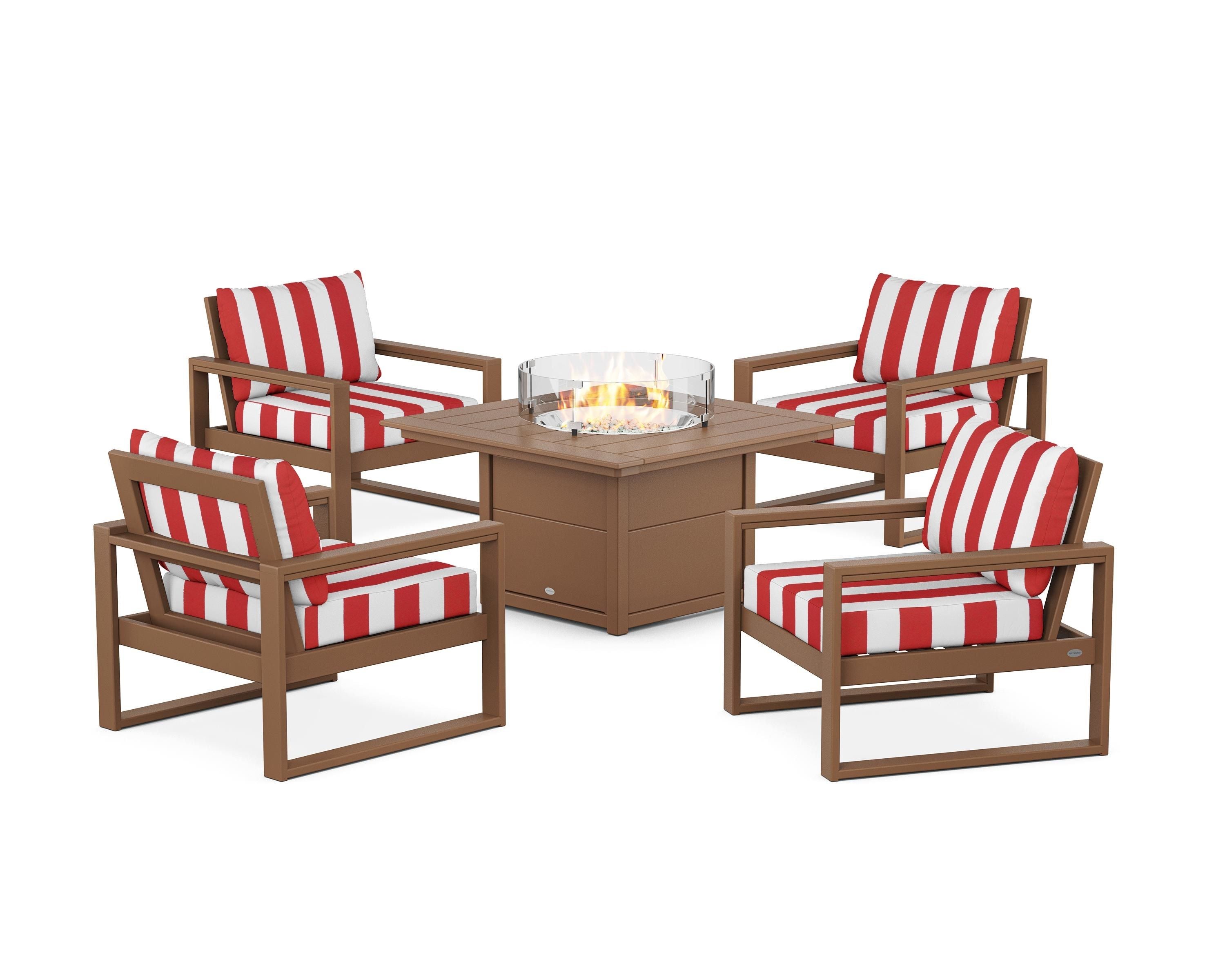 POLYWOOD® EDGE Sectional 5-Piece Deep Seating Set with Fire Pit Table in Teak / Cabana Stripe Crimson