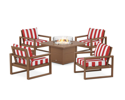 POLYWOOD® EDGE Sectional 5-Piece Deep Seating Set with Fire Pit Table in Teak / Cabana Stripe Crimson