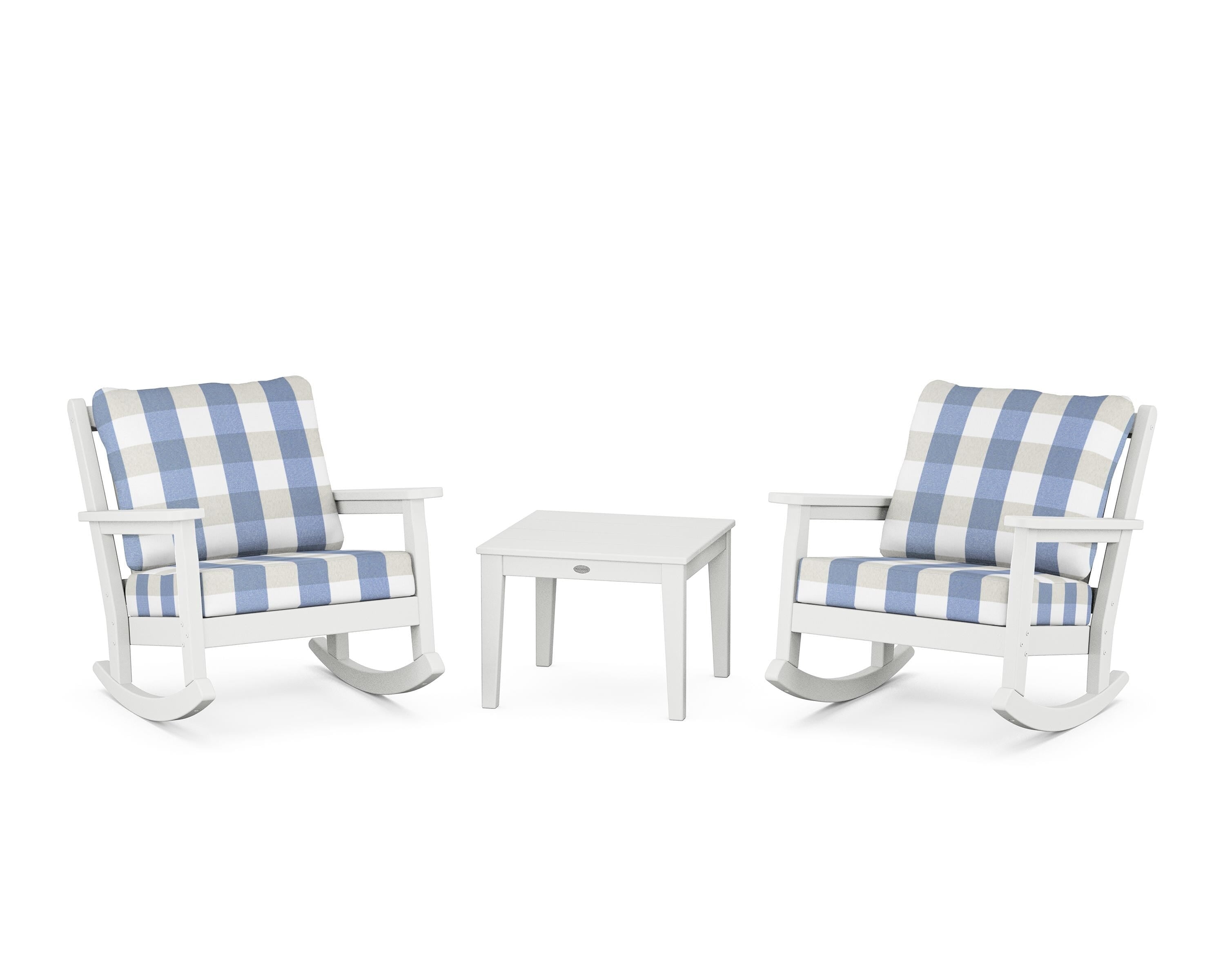 POLYWOOD® Chippendale 3-Piece Deep Seating Rocker Set in White / Buffalo Plaid Sky Blue