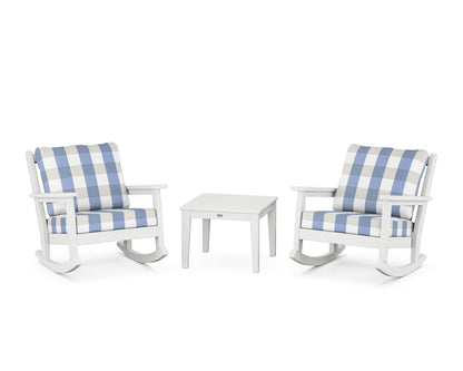 POLYWOOD® Chippendale 3-Piece Deep Seating Rocker Set in White / Buffalo Plaid Sky Blue