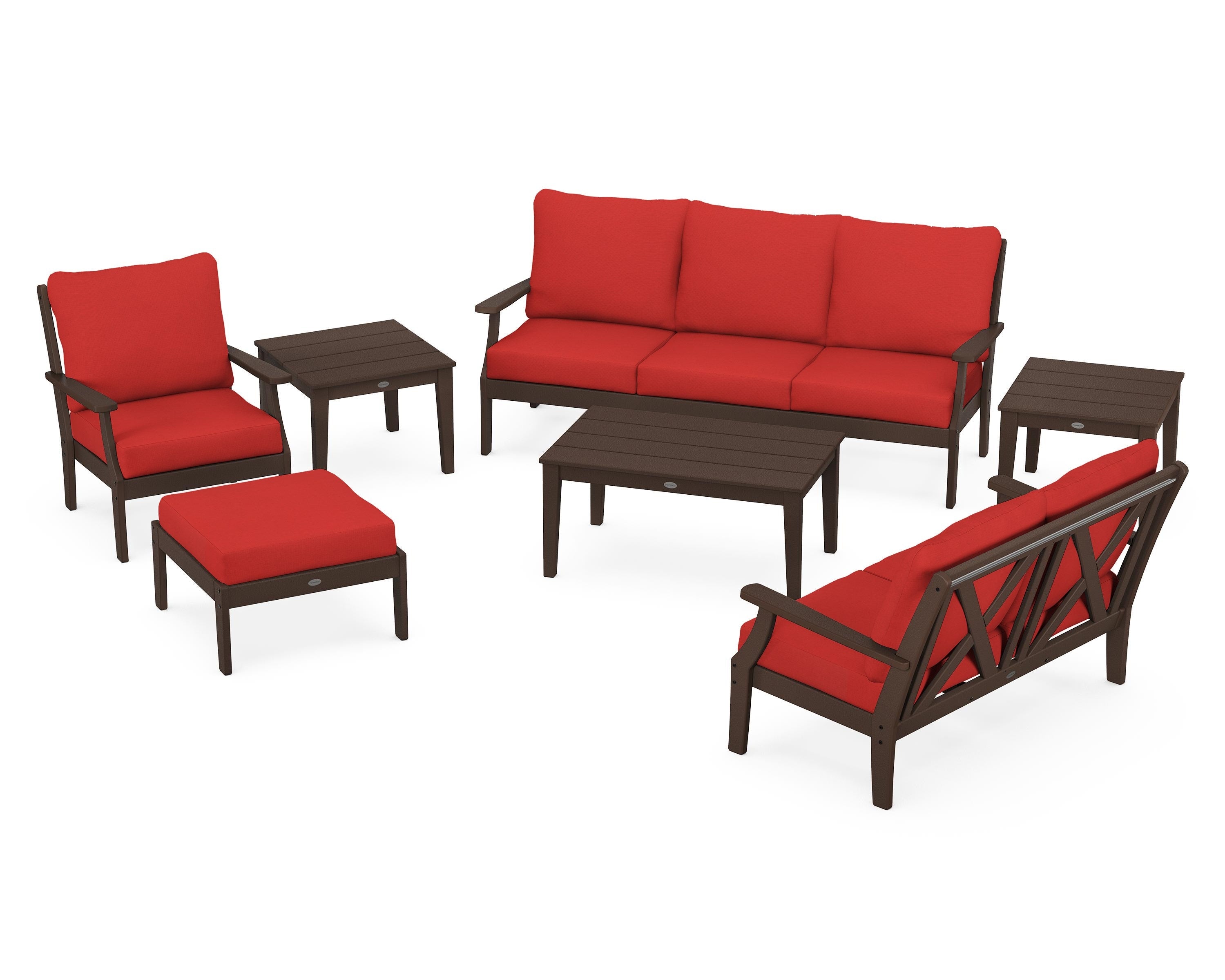 POLYWOOD® Braxton 7-Piece Deep Seating Set in Mahogany / Crimson Linen