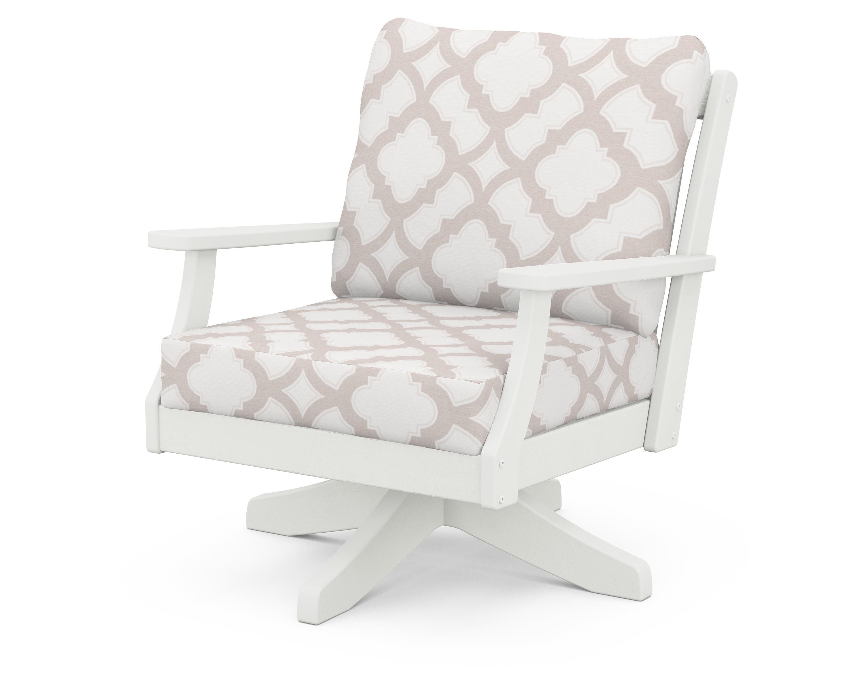 POLYWOOD® Braxton Deep Seating Swivel Chair in Vintage White / Trellis Dune Burlap