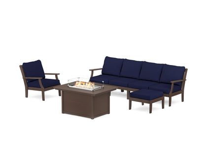 POLYWOOD® Braxton Sectional Lounge and Fire Pit Set in Mahogany / Navy