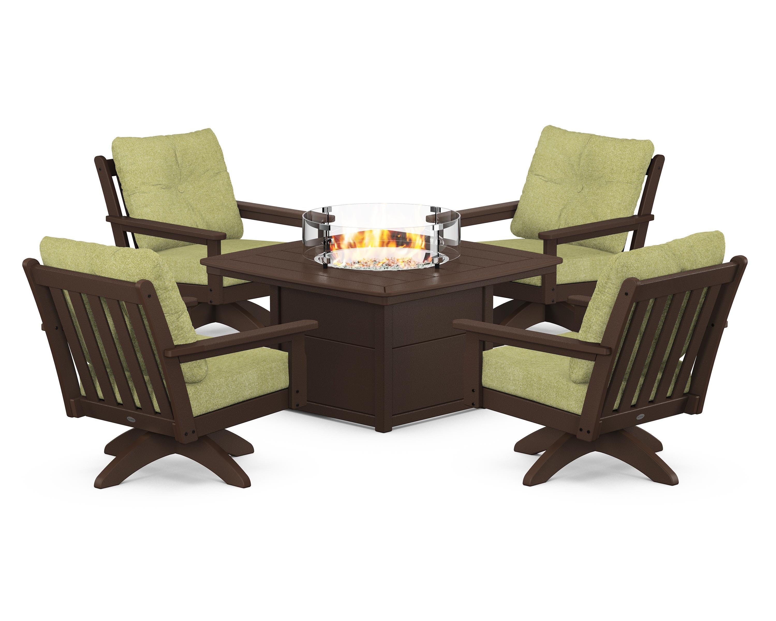 POLYWOOD® Vineyard 5-Piece Deep Seating Swivel Conversation Set with Fire Pit Table in Mahogany / Chartreuse Boucle