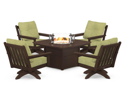 POLYWOOD® Vineyard 5-Piece Deep Seating Swivel Conversation Set with Fire Pit Table in Mahogany / Chartreuse Boucle