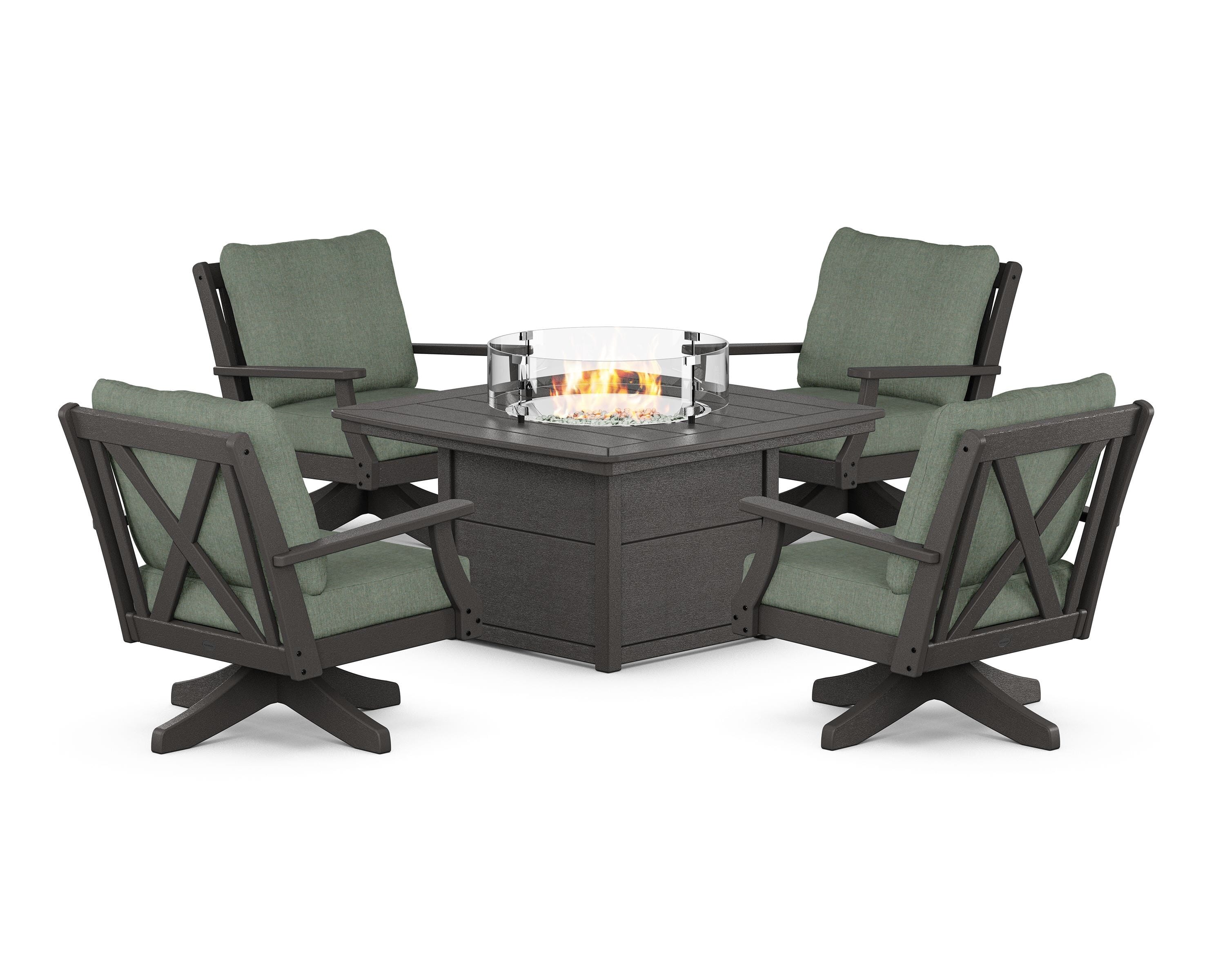 POLYWOOD® Braxton 5-Piece Deep Seating Swivel Conversation Set with Fire Pit Table in Vintage Coffee / Cast Sage