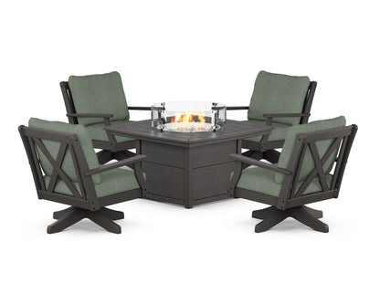 POLYWOOD® Braxton 5-Piece Deep Seating Swivel Conversation Set with Fire Pit Table in Vintage Coffee / Cast Sage