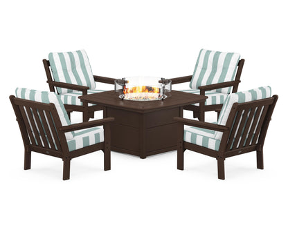 POLYWOOD® Vineyard 5-Piece Conversation Set with Fire Pit Table in Mahogany / Cabana Stripe Glacier Spa