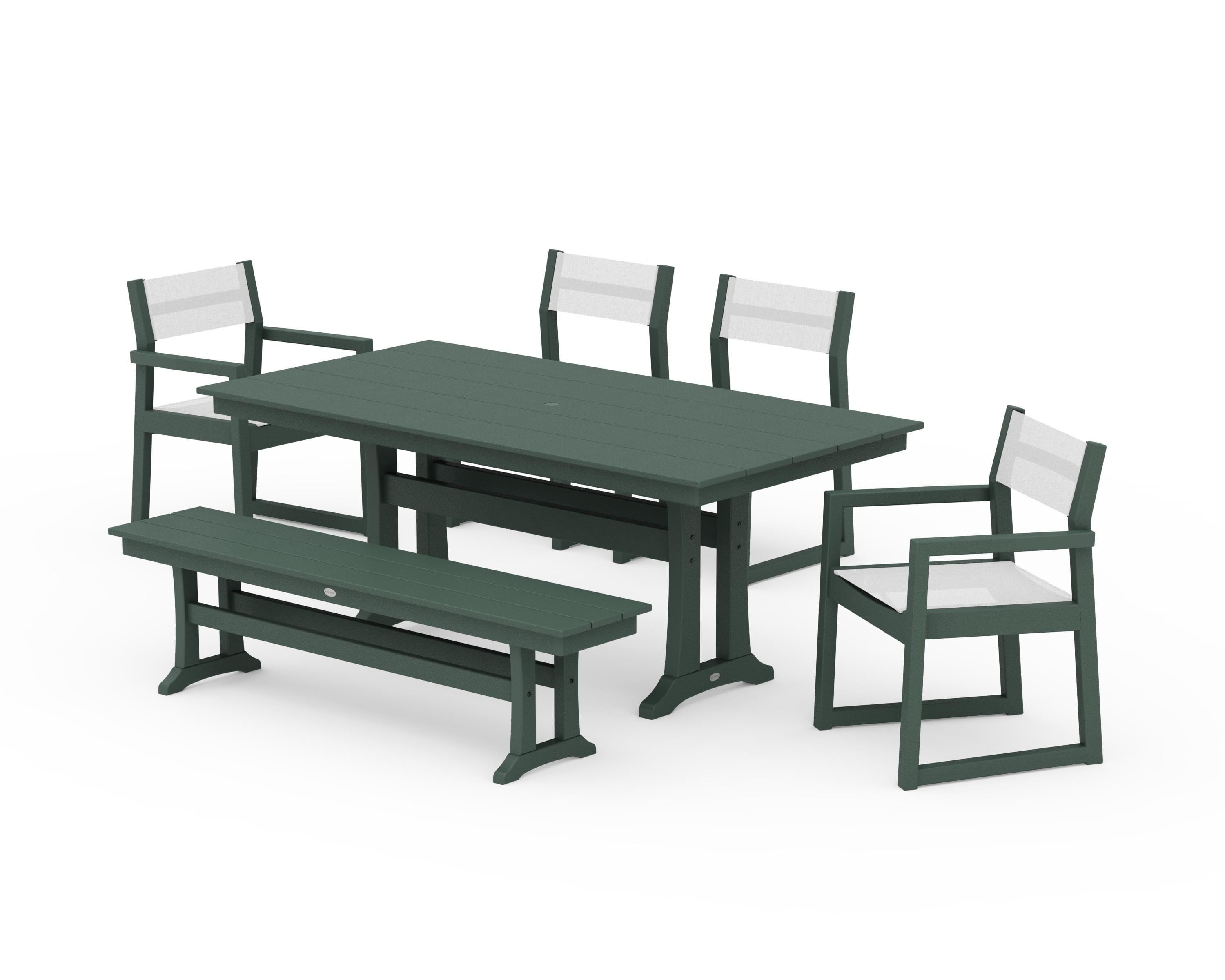 POLYWOOD® EDGE Sling 6-Piece Farmhouse Dining Set With Trestle Legs in Green / White Sling