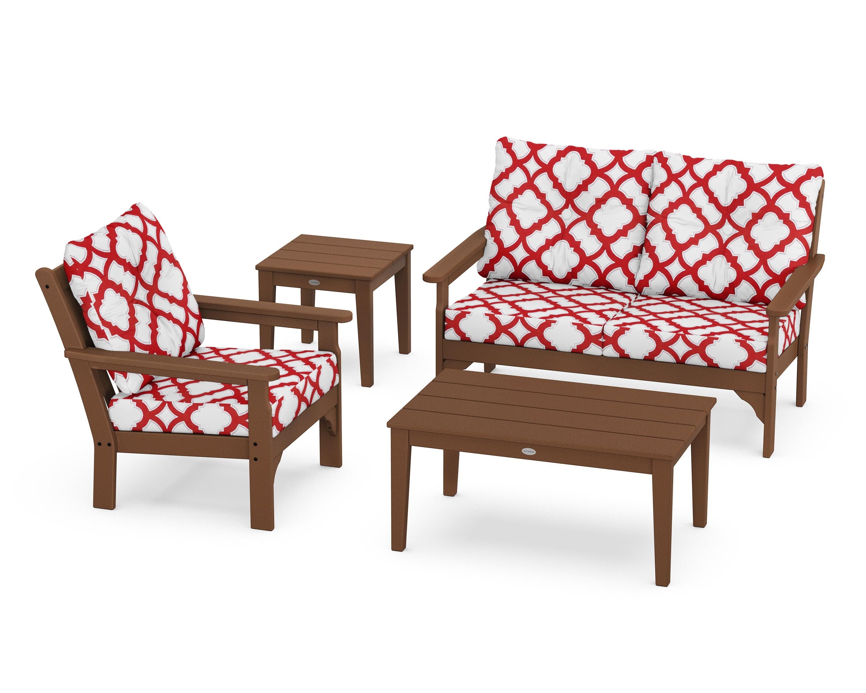 POLYWOOD® Vineyard 4-Piece Deep Seating Set in Teak / Trellis Crimson