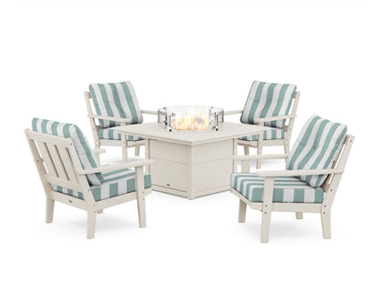 POLYWOOD® Oxford 5-Piece Deep Seating Set with Fire Pit Table in Sand / Cabana Stripe Glacier Spa