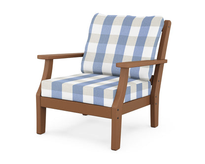 Martha Stewart by POLYWOOD® Chinoiserie Deep Seating Chair in Teak / Buffalo Plaid Sky Blue