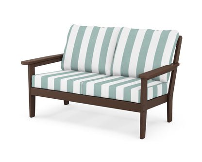 Country Living Cottage Deep Seating Loveseat in Mahogany / Cabana Stripe Glacier Spa