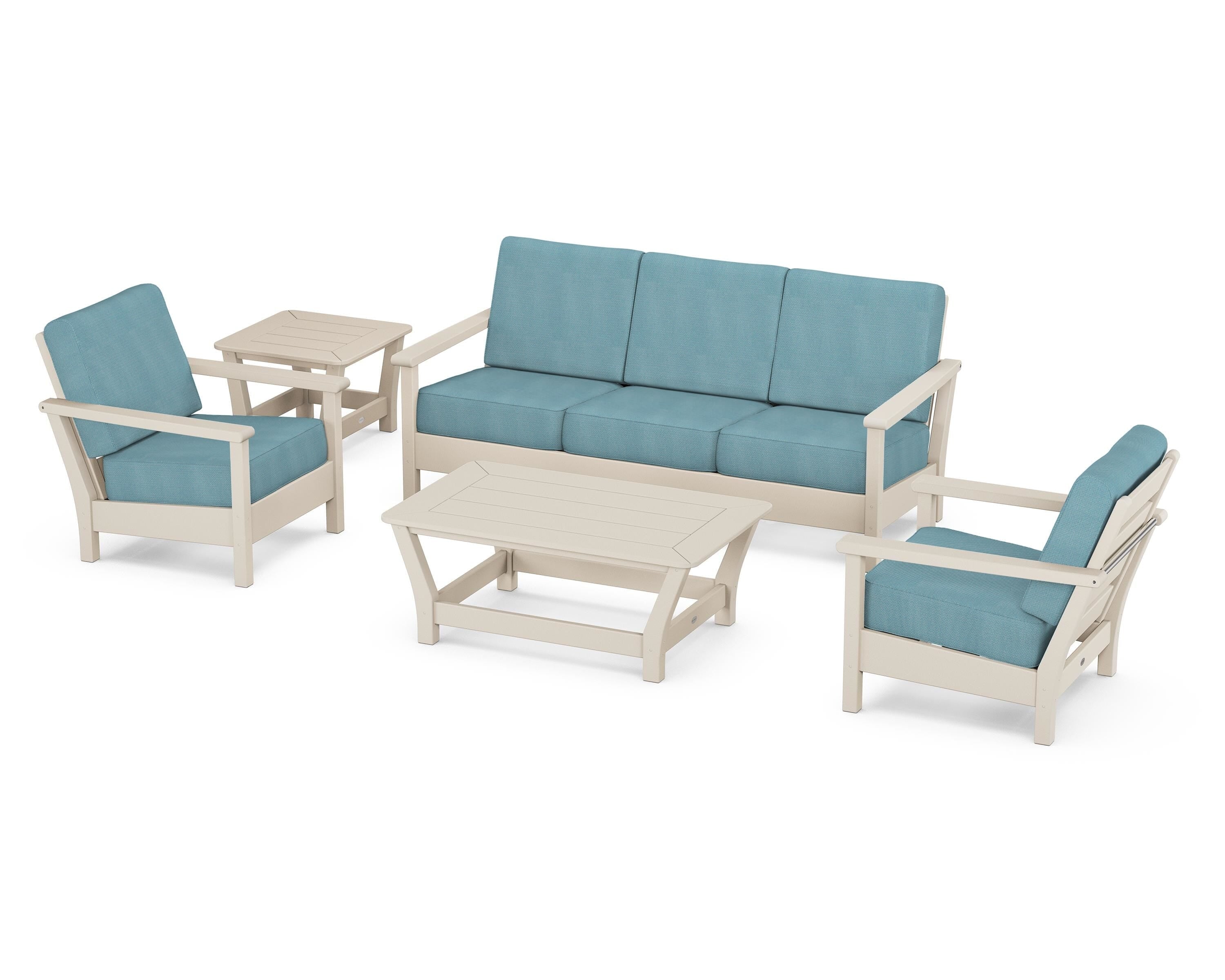 POLYWOOD® Harbour 5-Piece Deep Seating Set in Sand / Lattice Sky Blue
