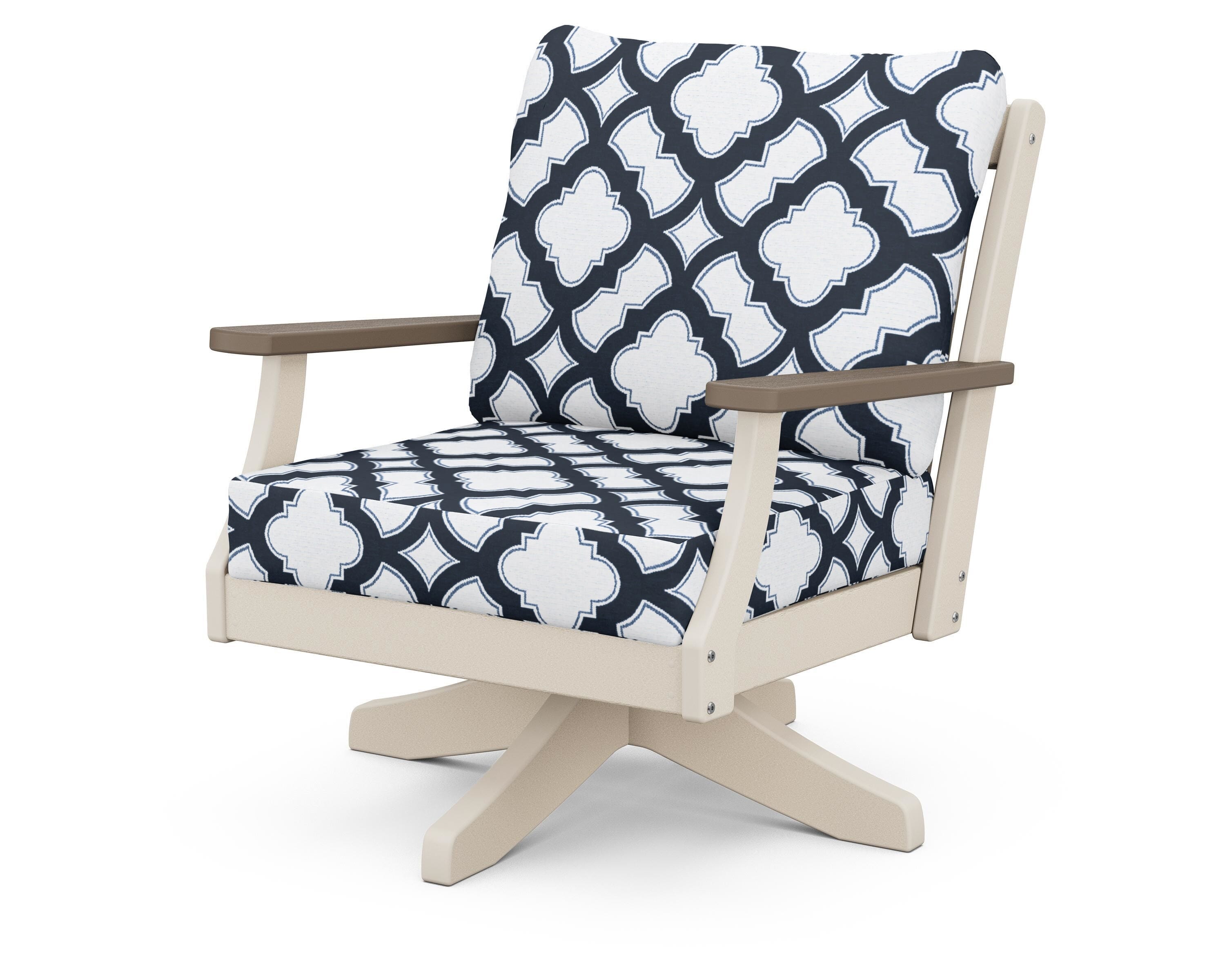 POLYWOOD® Braxton Deep Seating Swivel Chair in Sand / Kona / Trellis Marine Indigo