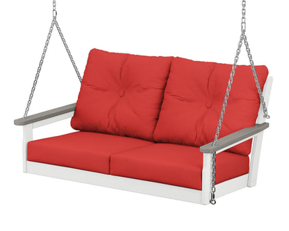 POLYWOOD® Vineyard Deep Seating Swing in White / Driftwood / Crimson Linen